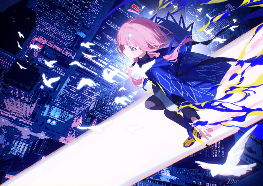 1girl bird black_pantyhose blue_eyes blue_jacket blush cityscape dove floating_hair from_side full_body highres hood hood_down hooded_jacket jacket kaf_(kamitsubaki_studio) kamitsubaki_studio long_bangs long_hair long_sleeves looking_ahead low_twintails night outdoors pantyhose parted_lips pink_eyes pink_hair ringed_eyes ryuuforkaf shoes solo twintails two-tone_eyes white_bird yellow_footwear