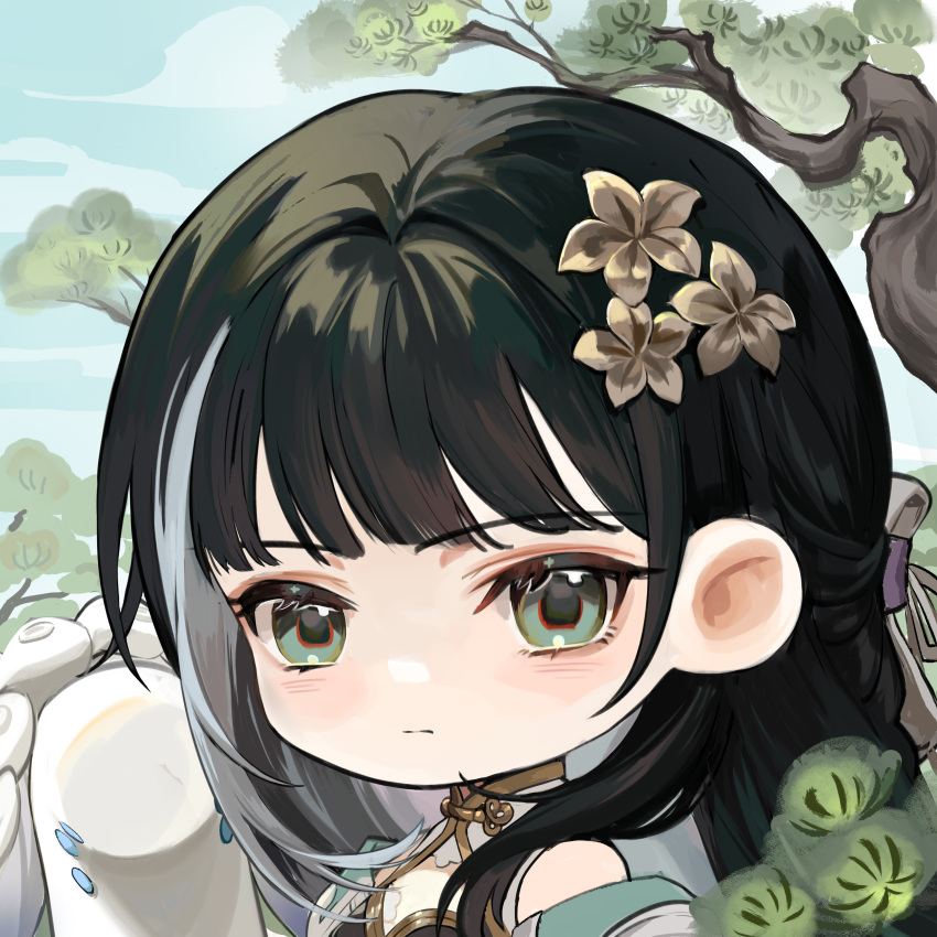 1girl absurdres bailian_(wuthering_waves) bare_shoulders black_hair chibi chinese_clothes cloud expressionless green_eyes hair_ornament hairclip highres looking_at_viewer sky tree wuthering_waves yuden6969