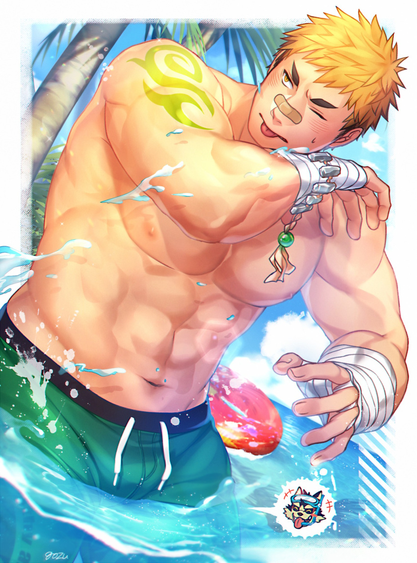 1boy abs aged_up bandaged_arm bandages bandaid bandaid_on_face bandaid_on_nose bara blonde_hair blush brown_hair bulge cowboy_shot gozu_farm highres large_pectorals male_focus male_swimwear multicolored_hair muscular muscular_male navel nipples ooki_ikutoshi outdoors pectorals see-through short_hair sideburns solo swim_trunks tokyo_afterschool_summoners tongue tongue_out topless_male two-tone_hair water yellow_eyes