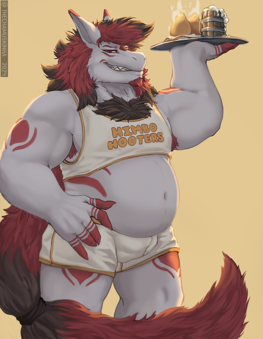 absurd_res anthro belly chamuskinha generation_5_pokemon hair hi_res himbo himbo_hooters humanoid long_hair male male/male nintendo pokemon pokemon_(species) slightly_chubby solo waiter zoroark