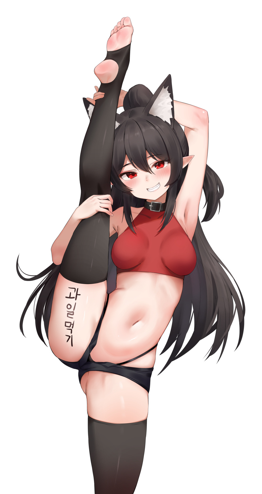 1girl absurdres animal_ear_fluff animal_ears arm_behind_head arm_up armpits ass bare_arms bare_shoulders black_choker black_hair black_panties black_shorts black_thighhighs breasts choker commission crop_top extra_ears feet grin highleg highleg_panties highres leg_lift leg_up lifted_by_self long_hair looking_at_viewer medium_breasts micro_shorts midriff navel open_fly original panties pharamacom podo_(hrodvitnir) pointy_ears ponytail red_eyes red_shirt second-party_source shirt shorts sidelocks sleeveless sleeveless_shirt smile solo split standing standing_on_one_leg standing_split stomach string_panties thighhighs thighs thong toeless_legwear underwear wolf_ears