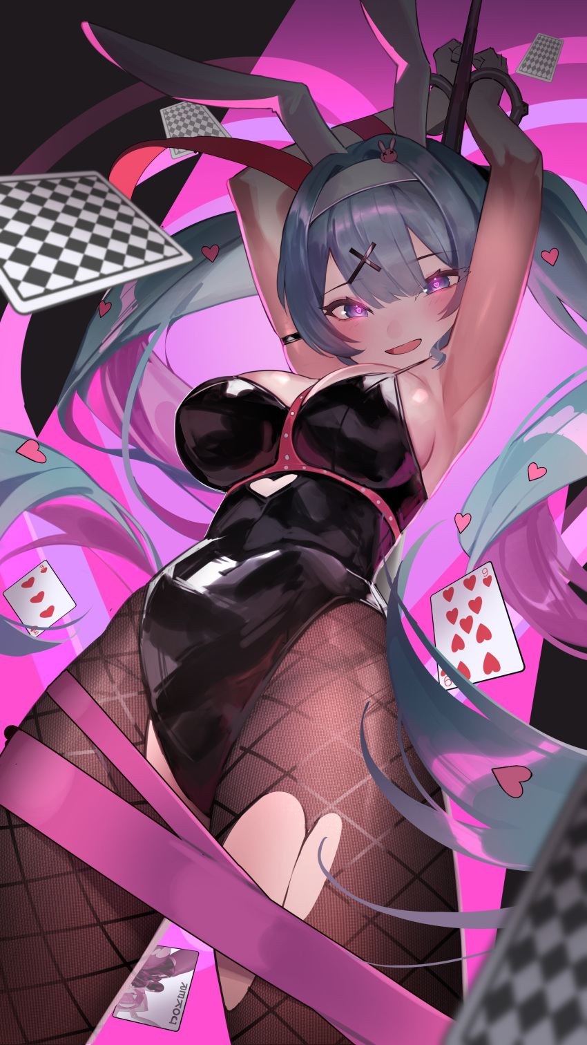 1girl absurdres animal_ears arms_up black_leotard blue_eyes blue_hair blush card clothing_cutout cutout_above_navel fake_animal_ears fishnet_pantyhose fishnets from_below glowing glowing_eyes hair_ornament hairband hatsune_miku heart heart_cutout highleg highleg_leotard highres joker_(playing_card) kouhiipan leotard long_hair looking_at_viewer looking_down pantyhose pink_background pink_pupils pink_ribbon playboy_bunny playing_card rabbit_ears rabbit_hair_ornament rabbit_hole_(vocaloid) restrained ribbon solo spaghetti_strap torn_clothes torn_pantyhose twintails vocaloid white_hairband x_hair_ornament