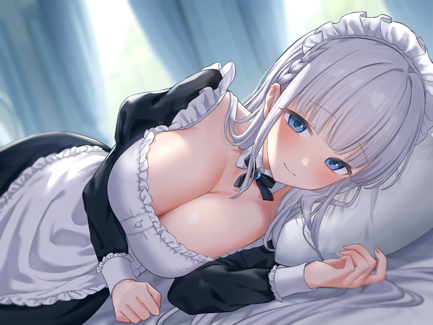 1girl apron bed bed_sheet black_dress blue_eyes blunt_bangs blush braid breasts cleavage closed_mouth curtains detached_collar dress grey_hair highres indoors jfjf large_breasts long_hair long_sleeves looking_at_viewer lying maid maid_apron maid_headdress non-web_source on_bed on_side original pillow sidelocks smile solo white_apron window