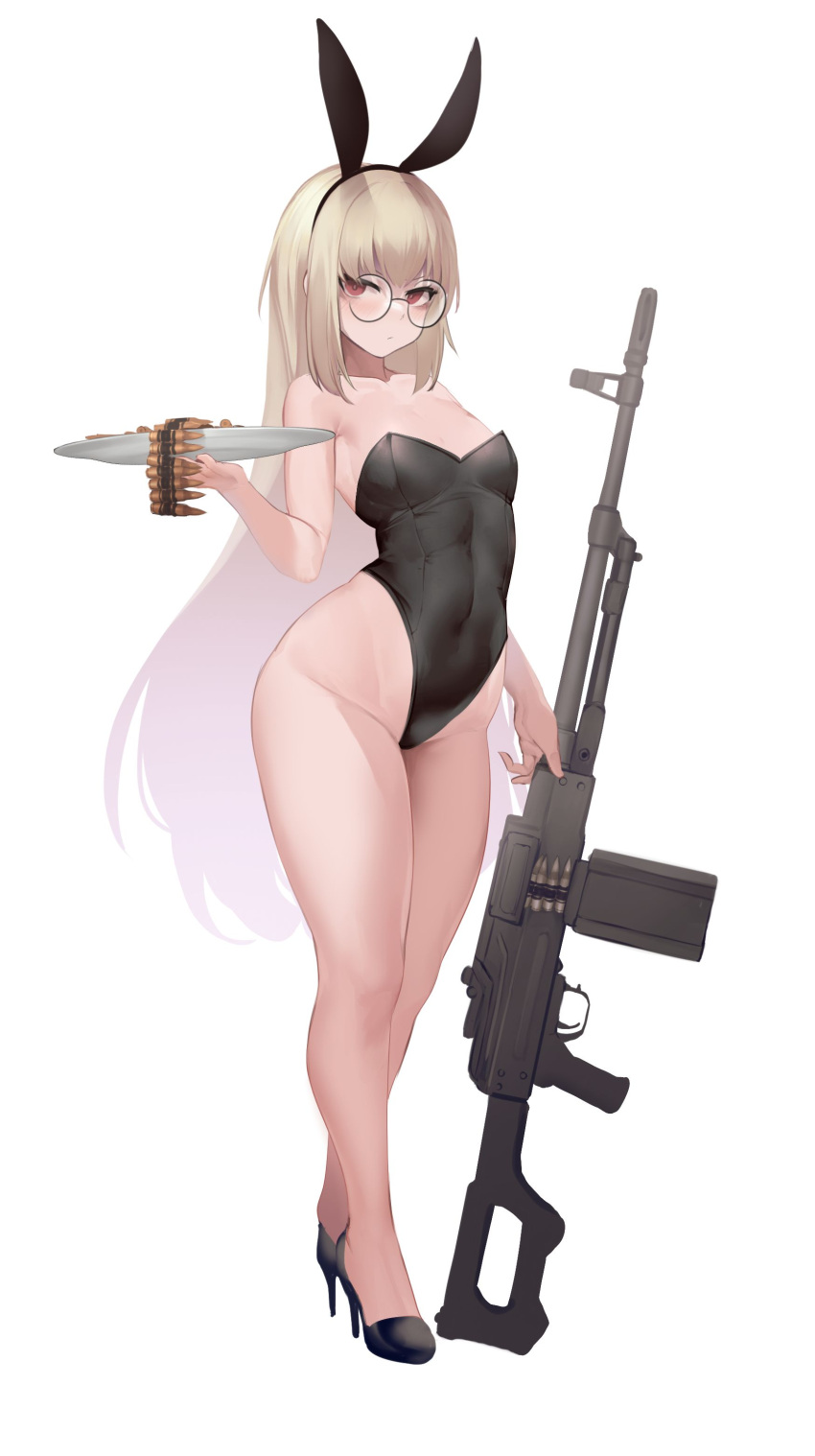 1girl absurdres ammunition_belt animal_ears armpit_crease bare_arms bare_legs bare_shoulders black_footwear black_hairband black_leotard blonde_hair closed_mouth commission covered_navel fake_animal_ears flat_chest frown full_body girls'_frontline glasses groin gun hairband high_heels highleg highleg_leotard highres holding holding_tray leotard light_machine_gun long_hair looking_at_viewer nine_(kanine41) playboy_bunny rabbit_ears red_eyes round_eyewear second-party_source simple_background solo standing strapless strapless_leotard thighs tray type_80 type_80_(girls'_frontline) v-shaped_eyebrows very_long_hair weapon white_background