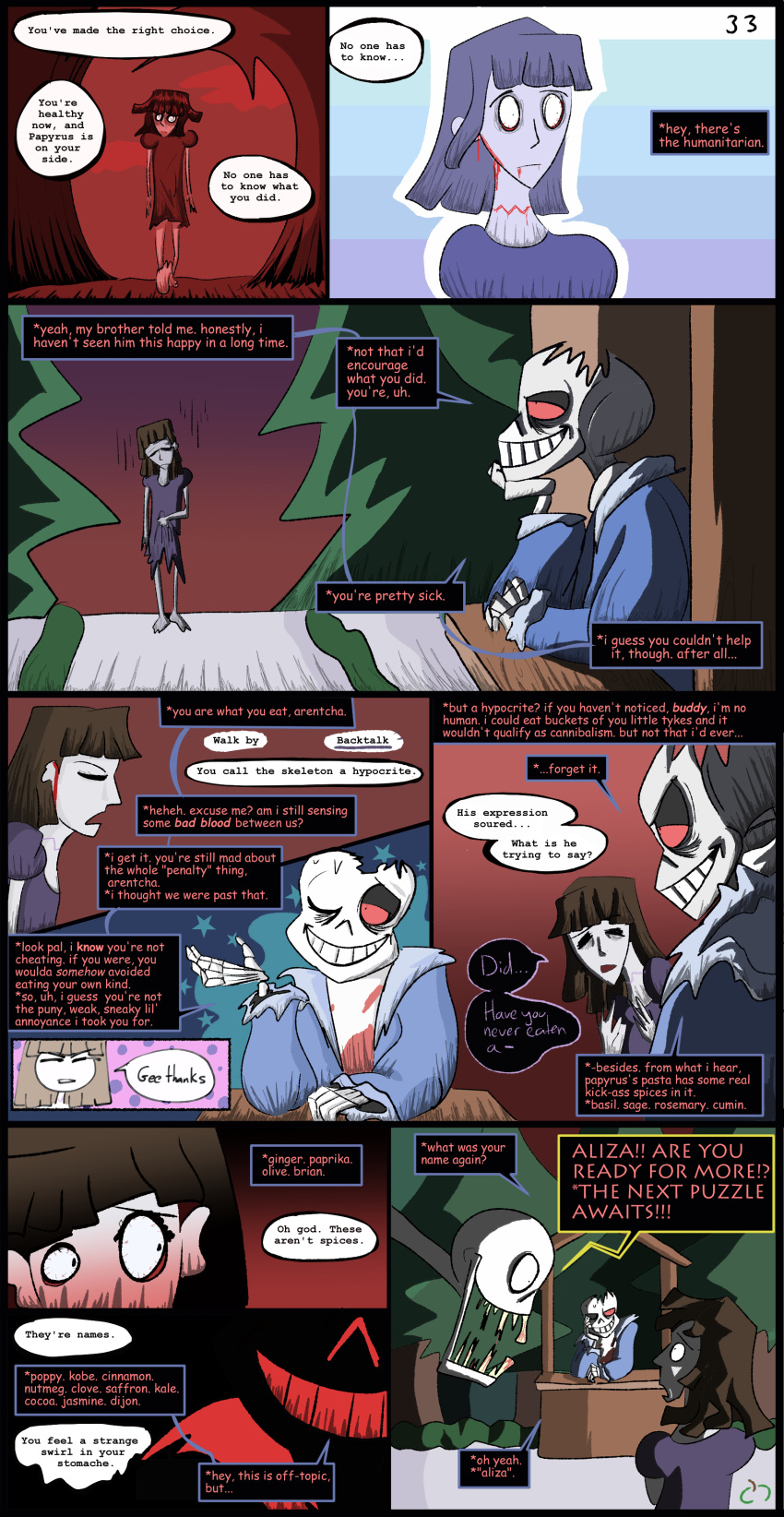 absurd_res aliza_(horrortale) alternate_universe animated_skeleton barefoot bone boss_monster_(undertale) brown_hair clothing comic dialogue english_text feet female hair hi_res horrortale human humanoid male mammal not_furry open_mouth papyrus_(horrortale) papyrus_(undertale) red_eyes sans_(horrortale) sans_(undertale) skeleton sour-apple-studios speech_bubble teeth text undead undertale undertale_(series) white_body