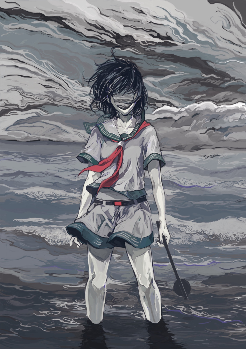 1girl black_hair cloud cloudy_sky collarbone covered_face faceless grey_shirt grey_skirt highres holding holding_weapon murasa_minamitsu ocean red_sailor_collar sailor_collar shirt short_hair short_sleeves skirt sky solo touhou ue_toono_(atano) wading water waves weapon