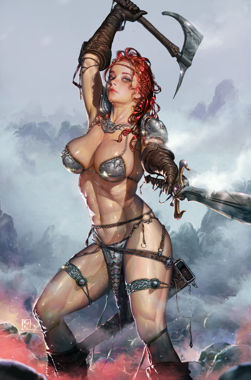 1girl absurdres arm_up armor artist_logo axe bikini_armor boots braid breasts brown_footwear brown_gloves commentary dual_wielding elbow_gloves english_commentary feet_out_of_frame freckles gloves grey_eyes hand_up highres holding holding_axe holding_sword holding_weapon knee_boots kyu_yong_eom large_breasts leather leather_boots leather_gloves lips long_hair looking_at_viewer navel original parted_lips pauldrons pelvic_curtain reaching reaching_towards_viewer red_hair sheath shoulder_armor socks solo stomach sword teeth thighlet thighs weapon wet