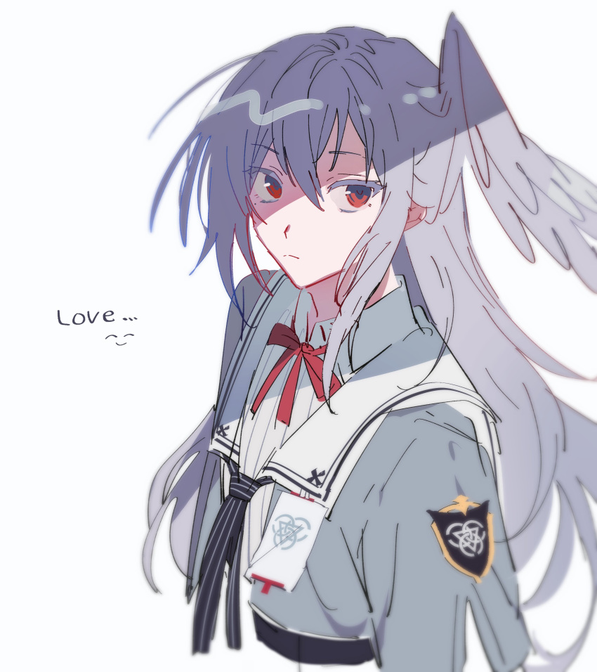 1girl absurdres black_neckerchief blue_archive closed_mouth collared_shirt grey_hair grey_shirt hair_between_eyes head_wings highres hirako_daishougun long_hair looking_at_viewer mole mole_under_eye neck_ribbon neckerchief red_eyes ribbon sailor_collar school_uniform serafuku shade shirt sidelocks single_head_wing solo suzumi_(blue_archive) upper_body white_background white_sailor_collar wings