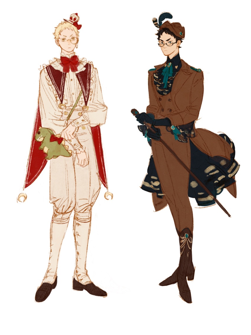 2boys akaashi_keiji animal_bag ascot black_gloves blonde_hair boots bow bowtie brown_coat brown_footwear brown_headwear brown_pants brown_suit brown_vest cane chengongzi123 closed_mouth coat english_commentary full_body gloves haikyuu!! hat hat_feather highres holding holding_cane long_sleeves looking_at_viewer male_focus mini_hat monocle multiple_boys neck_ribbon pants puffy_long_sleeves puffy_sleeves red_bow red_bowtie ribbon short_hair simple_background standing suit tsukishima_kei very_short_hair vest white_background yellow_eyes