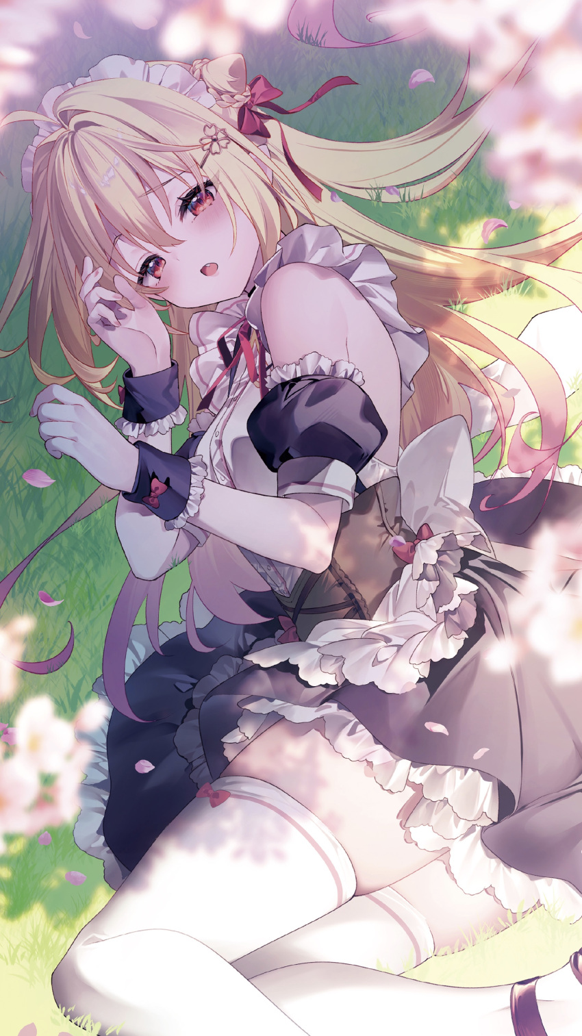 1girl absurdres ahoge animal_ears black_dress black_footwear blonde_hair blurry blurry_foreground bow bow_legwear cherry_blossoms cone_hair_bun detached_sleeves dress falling_petals fang floating_hair frilled_dress frills hair_between_eyes hair_bow hair_bun highres hikikomari_kyuuketsuki_no_monmon long_hair looking_at_viewer lying multicolored_hair non-web_source official_art on_side open_mouth outdoors petals pink_bow pink_hair pointy_ears red_eyes riichu short_sleeves solo terakomari_gandezblood thighhighs white_thighhighs zettai_ryouiki