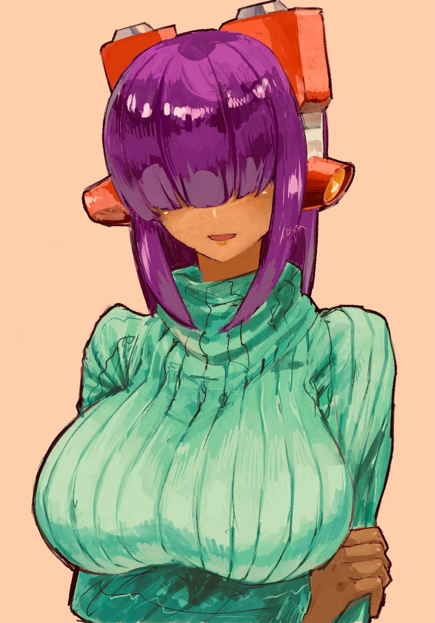 1girl arm_under_breasts cairngorm999 dark-skinned_female dark_skin green_sweater hair_over_eyes headgear highres layer_(mega_man) mega_man_(series) mega_man_x_(series) purple_hair red_headwear robot_girl simple_background solo sweater turtleneck turtleneck_sweater