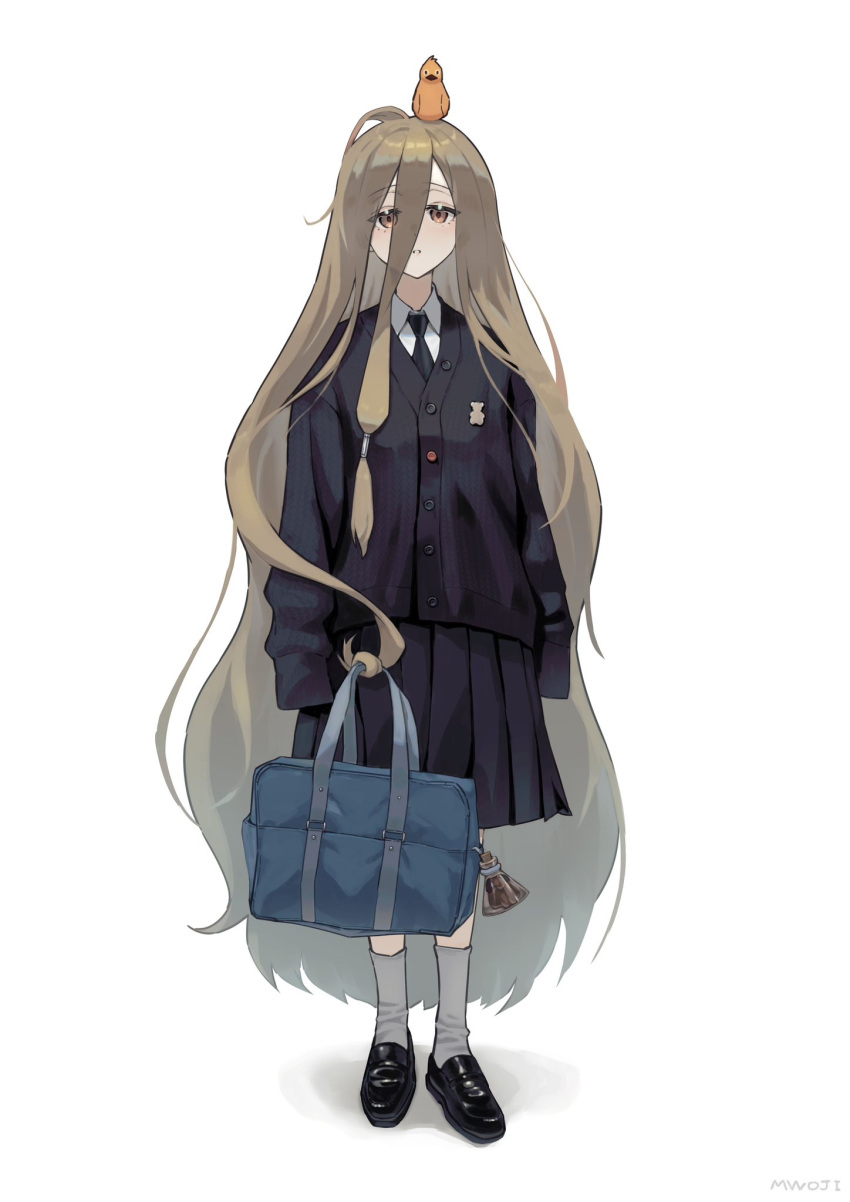 1girl animal_on_head artist_name bag bird black_footwear black_necktie black_skirt black_sweater_vest blue_bag brown_hair commentary_request contemporary escape_golem_(sousou_no_frieren) full_body grey_socks hair_between_eyes highres long_hair looking_at_viewer mwoji necktie on_head parted_lips pleated_skirt prehensile_hair school_uniform sense_(sousou_no_frieren) shoulder_bag simple_background skirt sleeves_past_fingers sleeves_past_wrists socks solo sousou_no_frieren standing sweater_vest very_long_hair white_background