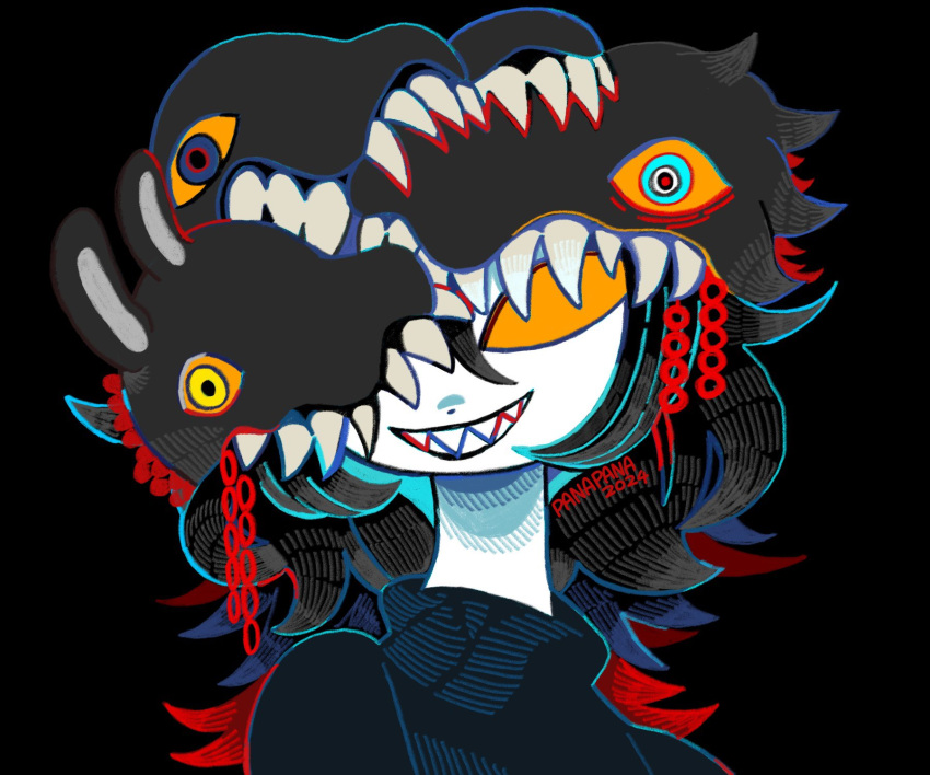 87sukiyaki chain clothed clothing female hair_creature hi_res humanoid sharp_teeth solo teeth