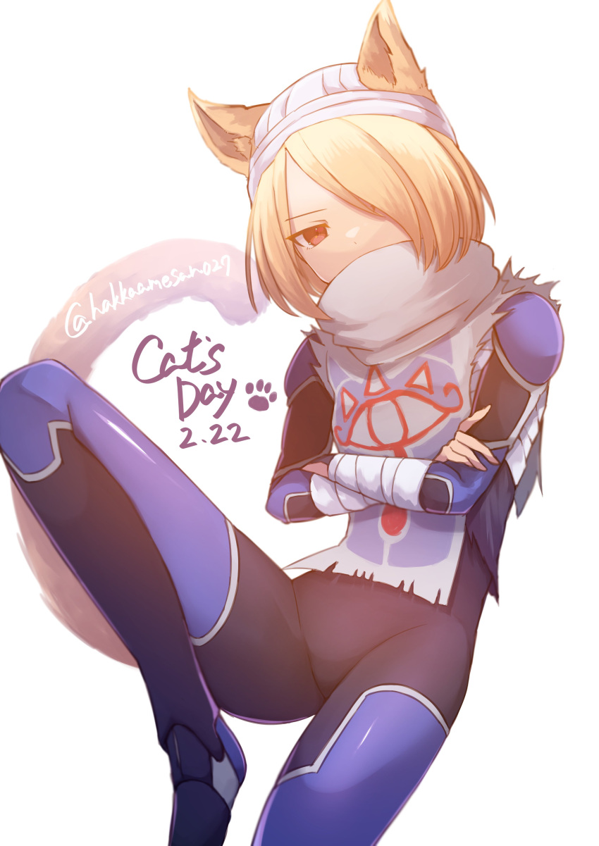 1girl absurdres androgynous animal_ears bandages blonde_hair bodysuit cat_day cat_ears cat_tail closed_mouth dated hair_over_one_eye highres looking_at_viewer mask red_eyes reverse_trap sheik short_hair simple_background solo supure647 tail the_legend_of_zelda the_legend_of_zelda:_ocarina_of_time turban white_background