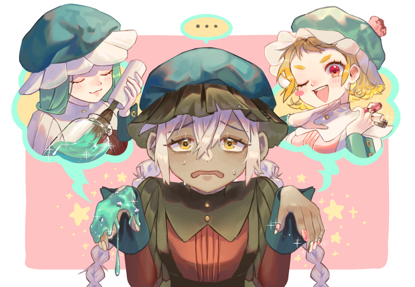 ... 3girls :3 blonde_hair blush blush_stickers braid dark-skinned_female dark_skin frown green_hair grey_hair gtcockroach hat highres holding long_hair long_sleeves looking_at_viewer multiple_girls nail_polish nail_polish_bottle ojou-sama_pose one_eye_closed open_mouth original short_hair sleeve_cuffs smile spoken_ellipsis thick_eyebrows twin_braids yellow_eyes