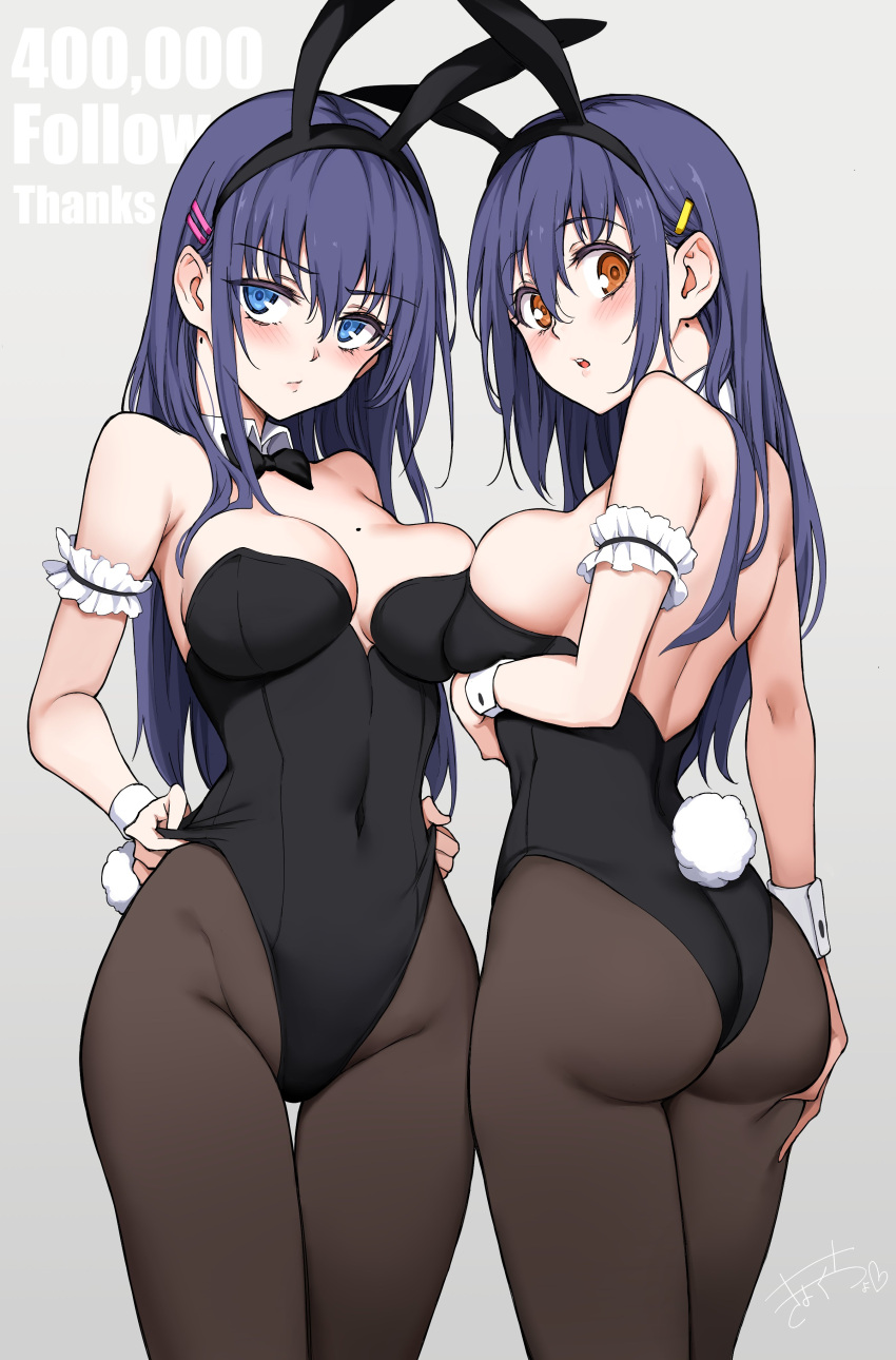 2girls absurdres animal_ears black_leotard blue_eyes blue_hair blush breasts detached_collar fake_animal_ears fake_tail highleg highleg_leotard highres hoshizuki_kaede hoshizuki_suzu kaede_to_suzu kyokucho large_breasts leotard looking_at_viewer looking_back mole mole_on_breast multiple_girls orange_eyes pantyhose playboy_bunny rabbit_ears siblings simple_background sisters strapless strapless_leotard tail twins