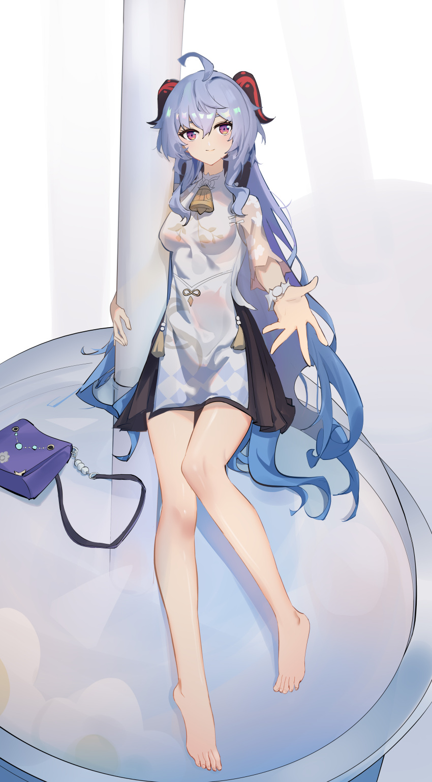1girl absurdres ahoge barefoot bell black_skirt blue_hair breasts chinese_commentary commentary cowbell dress feet ganyu_(genshin_impact) ganyu_(heytea)_(genshin_impact) genshin_impact goat_horns highres horns knees_together_feet_apart legs light_blue_hair long_hair looking_at_viewer medium_breasts neck_bell official_alternate_costume pleated_skirt purple_bag purple_eyes qixia skirt smile solo tassel toenails toes very_long_hair wavy_hair white_dress