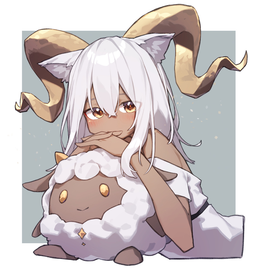 1girl absurdres animal_ear_fluff animal_ears arknights bare_shoulders beeswax_(arknights) beeswax_(weisser_sand)_(arknights) beudelb blush brown_eyes commentary_request crossover dark-skinned_female dark_skin dress grey_background grey_hair hair_between_eyes hands_up highres horns interlocked_fingers lamball long_hair looking_at_viewer own_hands_together palworld two-tone_background white_background white_dress