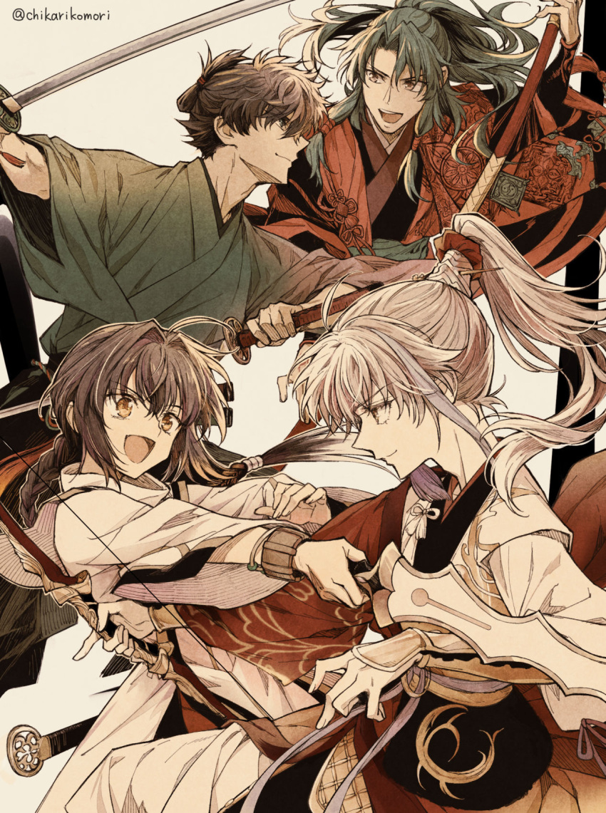 1other 3boys ahoge archer_(fate/samurai_remnant) arm_guards black_hair black_hakama black_hanfu blue_kimono bow bow_(weapon) bracelet braid braided_ponytail chikariya chinese_clothes chinese_hairpin dual_wielding fate/samurai_remnant fate_(series) green_hair hair_intakes hair_ornament hakama hanfu high_ponytail highres holding holding_bow_(weapon) holding_sword holding_weapon japanese_clothes jewelry katana kimono low-tied_sidelocks miyamoto_iori_(fate) multicolored_hair multiple_boys orange_eyes red_hanfu red_robe robe sheath sidelocks single_braid streaked_hair sword sword_on_back tassel tassel_hair_ornament topknot twitter_username unsheathed weapon weapon_on_back white_hair white_hanfu xiao_guan_(headdress) yamato_takeru_(fate) zheng_chenggong_(fate)