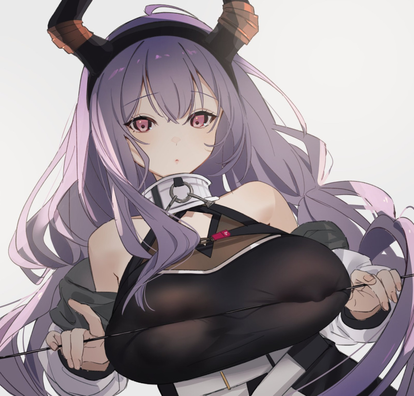 1girl arknights black_hairband black_horns black_shirt blush bow_(weapon) breasts chest_strap covered_nipples double-parted_bangs fake_horns grey_background hairband highres holding holding_bow_(weapon) holding_weapon horn_hairband horns jacket large_breasts long_hair looking_at_viewer o-ring off_shoulder okometu_b open_clothes open_jacket parted_lips purple_eyes purple_hair shirt simple_background sleeveless sleeveless_shirt solo typhon_(arknights) upper_body weapon white_jacket