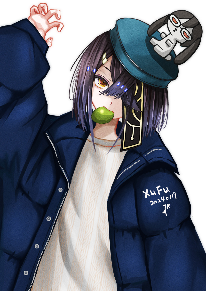 1girl absurdres blue_hair blue_headwear blue_jacket dark_blue_hair down_jacket facial_mark fate/grand_order fate_(series) food_in_mouth hair_over_one_eye hand_up heart heart_facial_mark highres jacket looking_at_viewer open_clothes open_jacket orange_eyes short_hair simple_background solo sweater tsukaasa upper_body white_background white_sweater xu_fu_(fate)