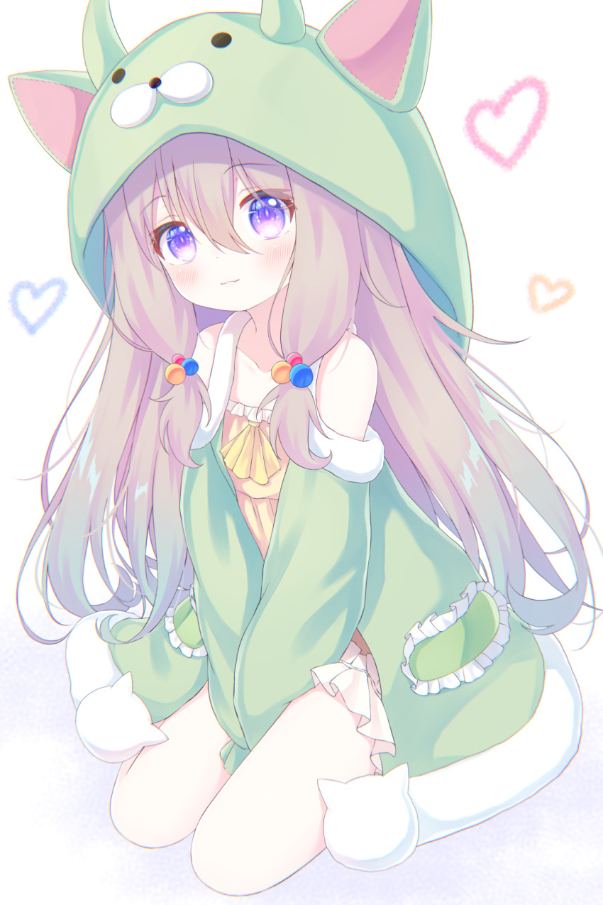 1girl :3 animal_hood coat full_body green_coat green_hood highres hood kneeling light_brown_hair long_hair looking_at_viewer original purple_eyes revision simple_background white_background yottacc