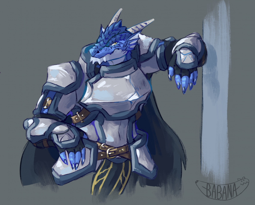 anthro armor babanasaur belt black_cape blue_body blue_scales breastplate buckle cape clothing digital_media_(artwork) dragon grey_background half-length_portrait hi_res horn leaning_on_wall looking_forward markings pauldron portrait rerebrace scale_markings scales signature simple_background solo standing straps tassets valorean_(krankheit-lan) vambraces white_body white_scales yellow_eyes