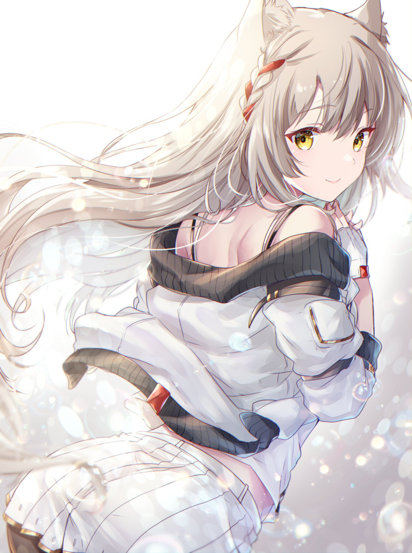 1girl animal_ear_fluff animal_ears ass camisole cat_ears gloves grey_hair highres jacket long_hair looking_at_viewer mio_(xenoblade) official_alternate_hair_length official_alternate_hairstyle own_hands_clasped own_hands_together simple_background skirt smile solo tank_top ui_frara white_jacket white_skirt xenoblade_chronicles_(series) xenoblade_chronicles_3 yellow_eyes