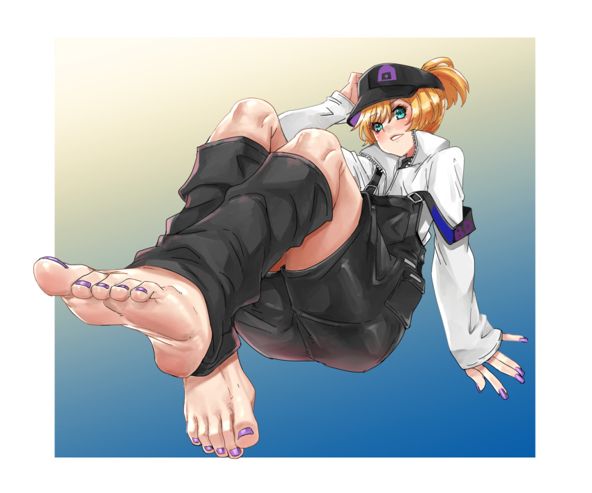 1boy ass barefoot baseball_cap black_headwear blonde_hair bridget_(guilty_gear) eiji_(eiji) feet foot_focus foreshortening green_eyes guilty_gear guilty_gear_strive hat highres long_sleeves looking_at_viewer male_focus medium_hair nail_polish official_alternate_costume otoko_no_ko purple_nails short_ponytail soles toenail_polish toenails toes