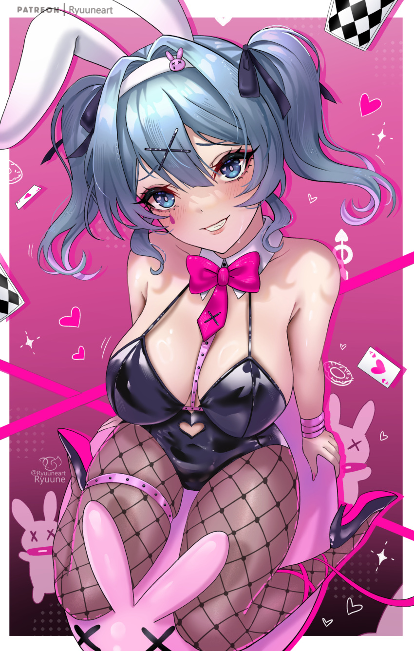 1girl animal_ears bare_shoulders black_leotard black_ribbon blue_eyes blue_hair blush bow breasts card clothing_cutout cutout_above_navel detached_collar fake_animal_ears fishnet_pantyhose fishnets hair_ornament hair_ribbon hairband hatsune_miku heart heart_cutout heart_in_eye high_heels highres large_breasts leotard looking_at_viewer necktie pantyhose parted_lips patreon_logo patreon_username pink_background pink_bow pink_necktie playboy_bunny playing_card rabbit_ears rabbit_hair_ornament rabbit_hole_(vocaloid) ribbon ryuuneart smile spaghetti_strap symbol_in_eye teardrop_facial_mark teeth vocaloid white_hairband x_hair_ornament