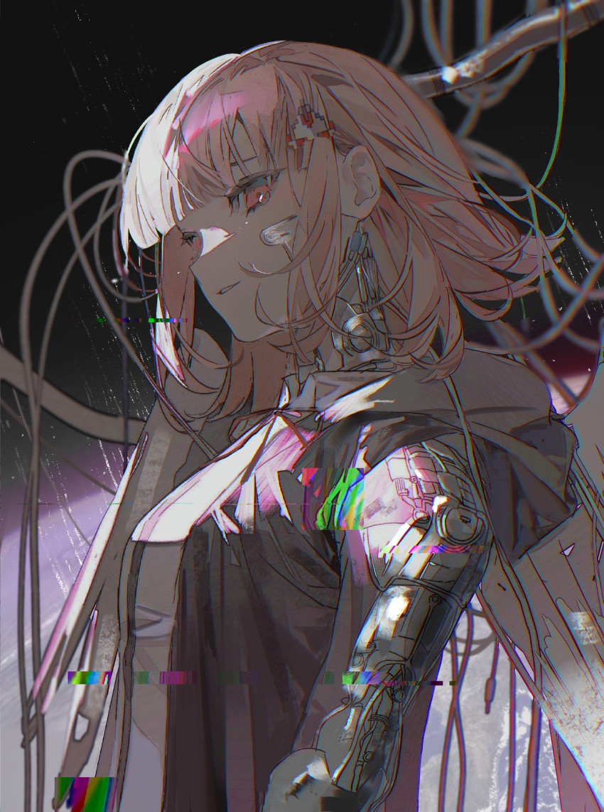 1girl black_jacket brown_eyes brown_hair danganronpa_(series) danganronpa_2:_goodbye_despair highres hood hood_down hooded_jacket jacket kiyoshi_st mechanical_arms mechanical_parts medium_hair nanami_chiaki neck_ribbon open_clothes open_jacket parted_lips pink_ribbon ribbon shirt single_mechanical_arm smile solo teeth two-tone_shirt white_shirt