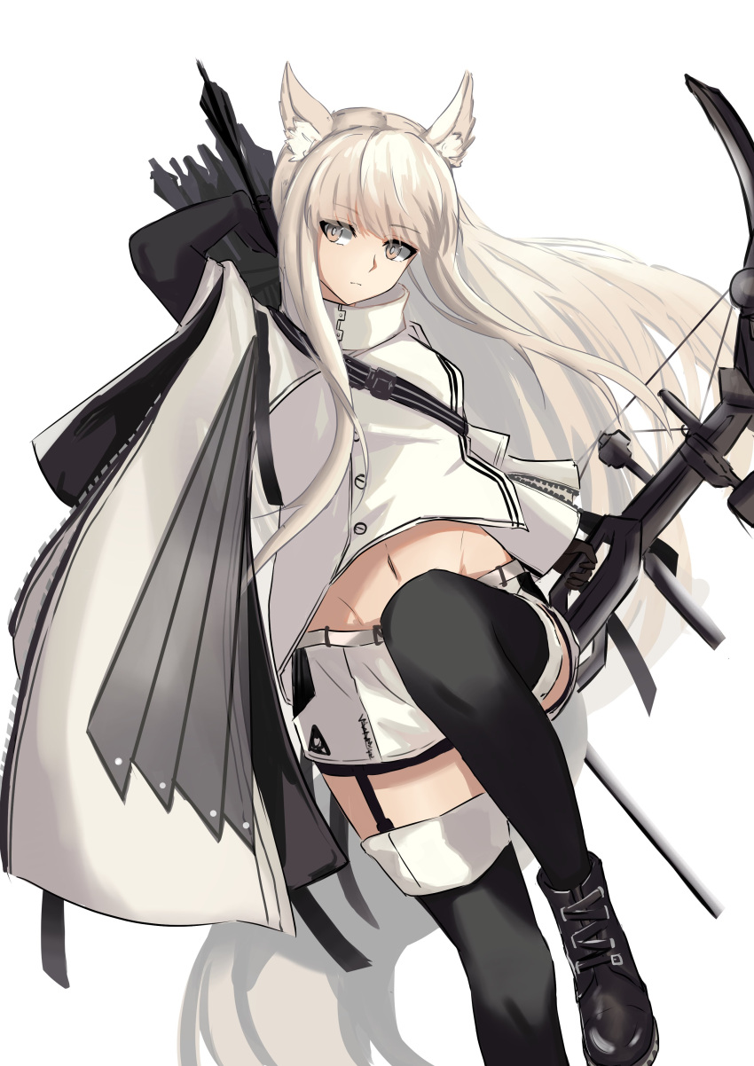 1girl absurdres animal_ears ankle_boots arknights arrow_(projectile) black_footwear black_gloves black_thighhighs boots bow_(weapon) closed_mouth elbow_gloves expressionless foot_out_of_frame garter_straps gloves groin high_collar highres holding holding_bow_(weapon) holding_weapon horse_ears horse_girl horse_tail jumping leg_up long_hair looking_to_the_side midriff_peek navel platinum_(arknights) quiver short_shorts shorts shuuka sideways_glance simple_background solo tabard tail thighhighs weapon white_background white_eyes white_hair white_shorts white_tabard white_tail
