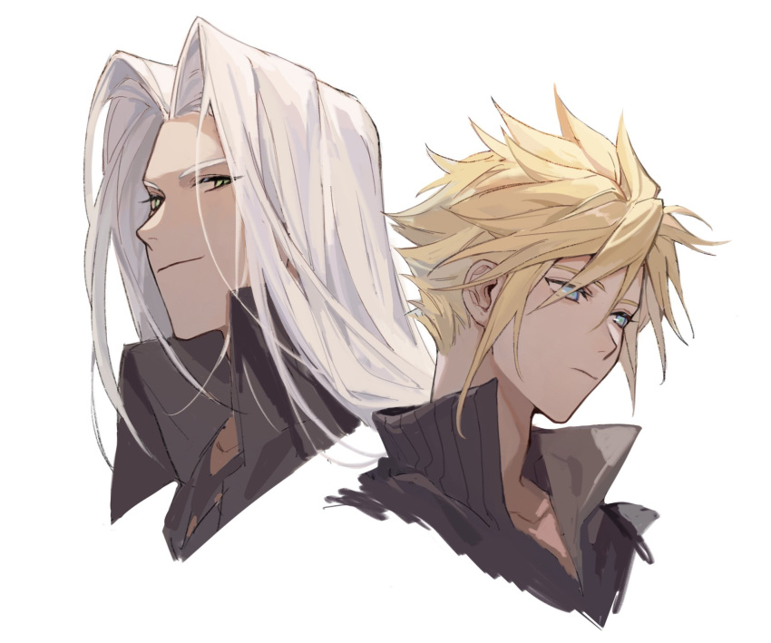 2boys black_coat blonde_hair blue_eyes chest_strap closed_mouth cloud_strife coat final_fantasy final_fantasy_vii final_fantasy_vii_advent_children green_eyes green_pupils grey_hair high_collar highres jacket long_bangs long_hair male_focus multiple_boys parted_bangs portrait sephiroth short_hair slit_pupils smirk spiked_hair white_background xiluo0207