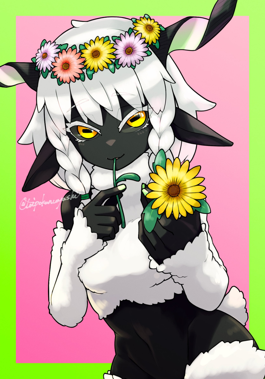 1girl animal_ears black_sclera black_skin body_fur braid colored_eyelashes colored_sclera colored_skin eating_flower flower head_wreath highres horizontal_pupils horns nail_polish navel original sheep_ears sheep_girl sheep_horns sheep_tail solo tail toipokun_oyashi twin_braids two-tone_background white_hair wool yellow_eyes