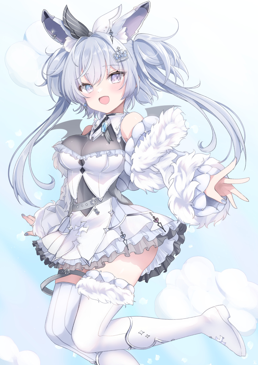 1girl animal_ears boots breasts cloud cloud_background commission crown_earrings demon_girl demon_wings dress dropping earrings foot_out_of_frame grey_eyes grey_hair hair_ornament hair_over_shoulder hairpin highres indie_virtual_youtuber jewelry kimino_aruji kurage_cc long_hair makeup miniskirt necklace off-shoulder_dress off_shoulder open_mouth rouge_(makeup) skeb_commission skirt solo strapless strapless_dress twintails very_long_hair virtual_youtuber white_dress white_footwear wing_hairpin wings