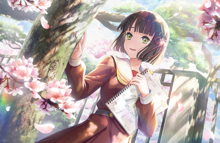 1girl black_hair blunt_bangs blunt_ends blurry blurry_background brown_dress cherry_blossoms dappled_sunlight depth_of_field drawing_(object) dress dutch_angle falling_petals fence flower game_cg green_eyes hair_flower hair_ornament hand_on_own_chest hasu_no_sora_school_uniform highres holding holding_sketchbook iron_fence lens_flare link!_like!_love_live! long_sleeves love_live! momose_ginko neckerchief official_art open_mouth petals pink_petals pleated_dress sailor_collar sailor_dress school_uniform short_hair sketchbook smile solo sun_halo sunlight third-party_source tree upper_body virtual_youtuber white_sailor_collar winter_uniform yellow_neckerchief