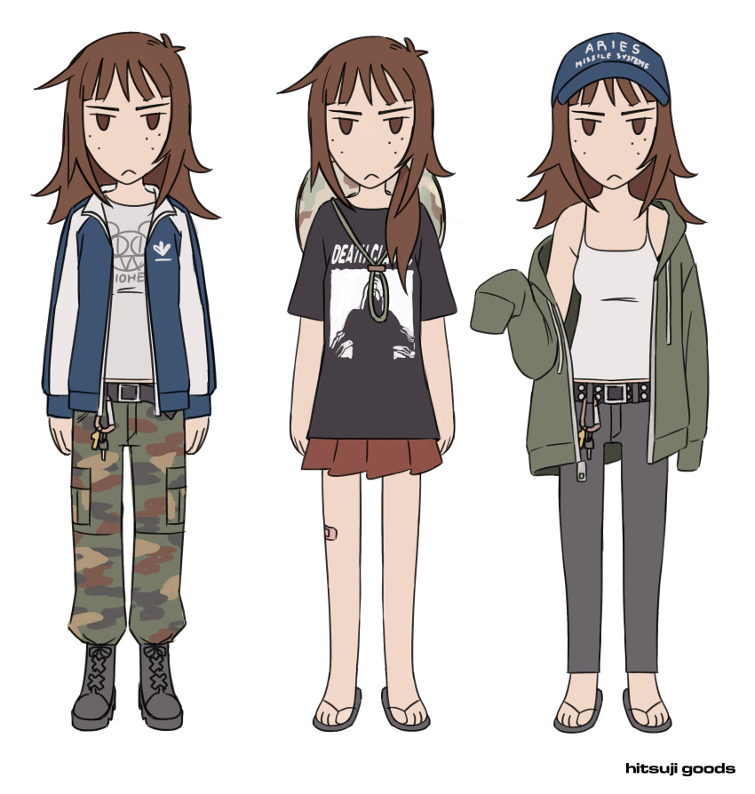 1girl :&lt; absurdres artist_name bandaid bandaid_on_leg baseball_cap belt black_belt brown_eyes brown_hair camisole camouflage camouflage_headwear camouflage_pants commentary english_commentary flip-flops freckles frown green_hoodie grey_shirt hair_over_shoulder hat hat_on_back highres hitsuji_(hitsujigoods) hood hoodie jacket kara_eklund key medium_hair miniskirt multicolored_clothes multicolored_jacket off_shoulder original pants pleated_skirt ponytail sandals shirt skirt sleeves_past_fingers sleeves_past_wrists t-shirt two-tone_jacket white_camisole