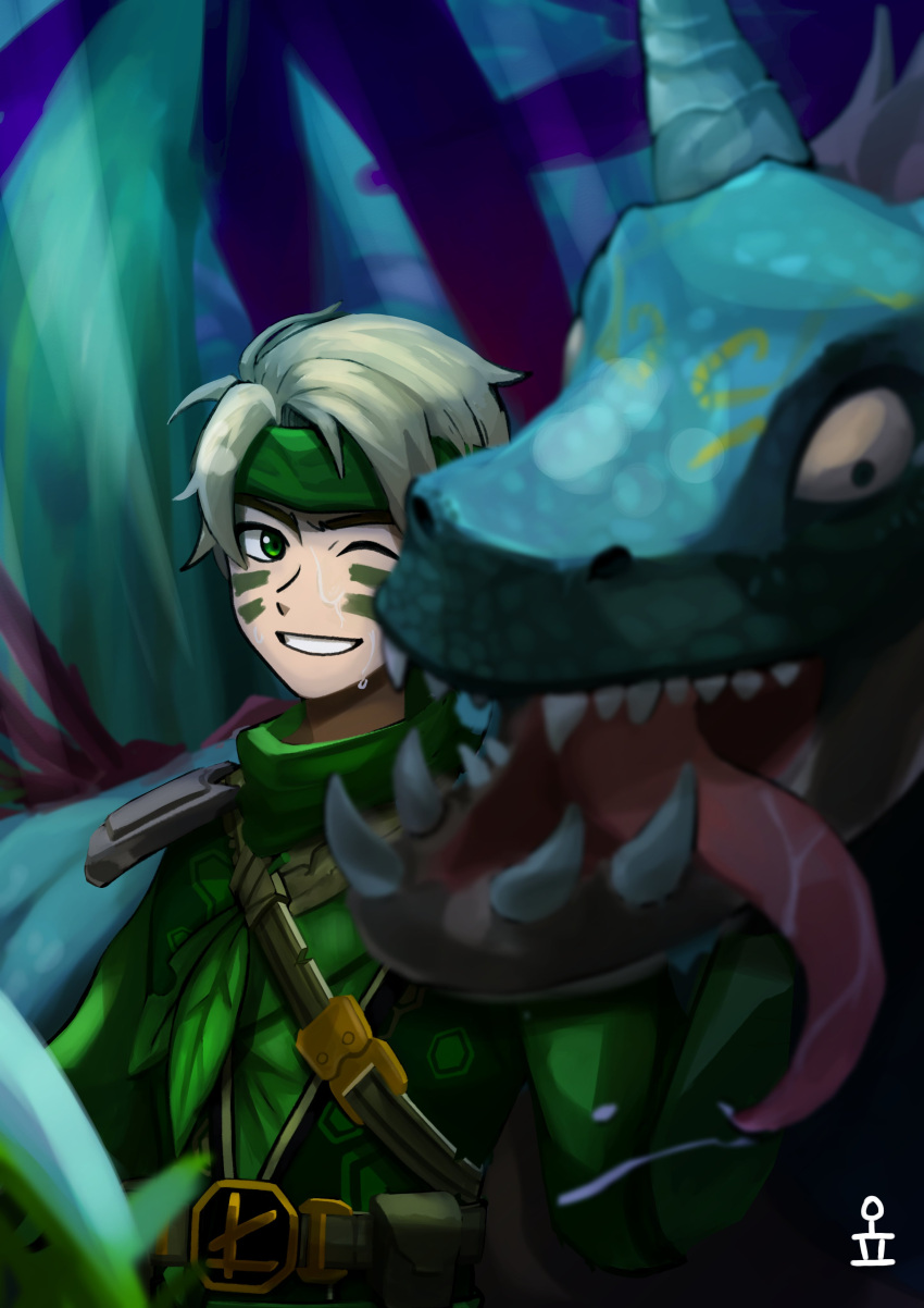 1boy absurdres animification armor bandana blonde_hair dragon green_bandana green_eyes highres lloyd_garmadon male_focus ninja ninjago one_eye_closed opogpp sharp_teeth shoulder_armor shoulder_pads smile teeth the_lego_group tongue tongue_out