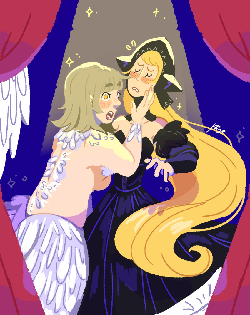 2girls angehalos black_dress blonde_hair blush breasts chimera collarbone detached_sleeves dress dungeon_meshi falin_touden falin_touden_(chimera) feathered_wings feathers hand_on_another's_chin highres long_hair looking_to_the_side marcille_donato marcille_donato_(lord) medium_hair monster_girl multiple_girls open_mouth sideboob signature spotlight teeth wings yellow_eyes