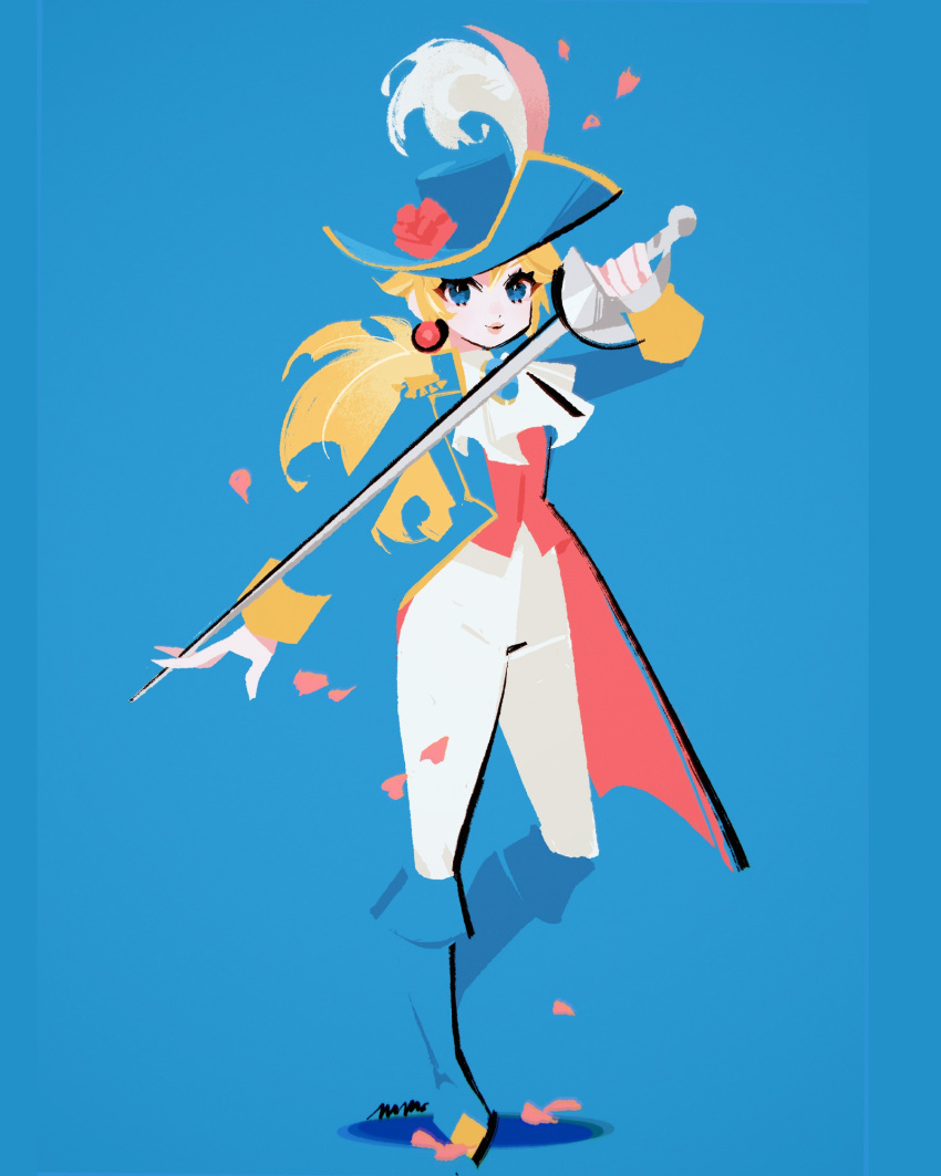 1girl ascot blonde_hair blue_background blue_eyes blue_footwear blue_hat blue_jacket boots falling_petals hat_feather highres holding holding_sword holding_weapon jacket long_hair looking_at_viewer marina_(mrn9) mario_(series) pants petals princess_peach princess_peach:_showtime! shadow signature solo standing standing_on_one_leg sword swordfighter_peach weapon white_pants