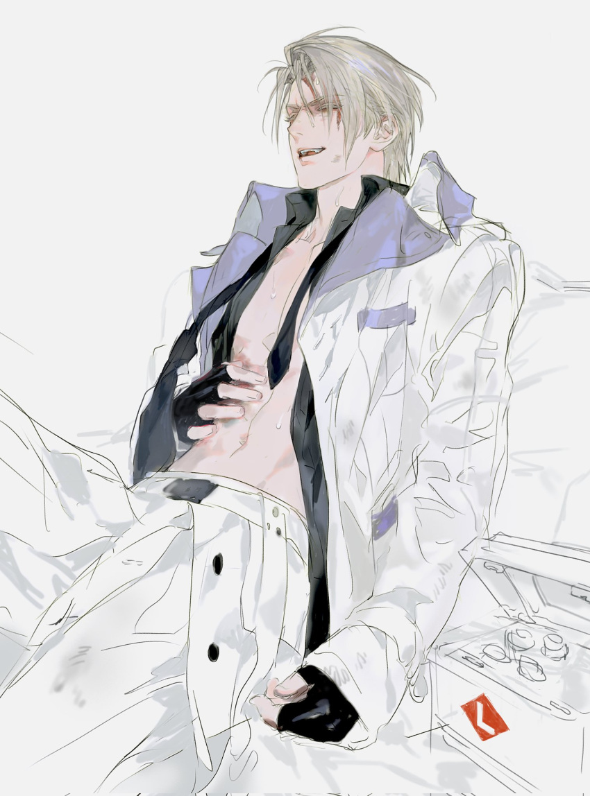 1boy black_gloves black_necktie blonde_hair blood blood_on_face closed_eyes coat collared_shirt colored_eyelashes final_fantasy final_fantasy_vii final_fantasy_vii_rebirth final_fantasy_vii_remake fingerless_gloves gloves grey_shirt hair_between_eyes hand_on_own_stomach highres long_coat long_sleeves male_focus messy_hair necktie open_clothes open_mouth open_shirt pants parted_bangs quxiaochong rufus_shinra shirt short_hair solo sweat upper_body white_background white_coat white_pants