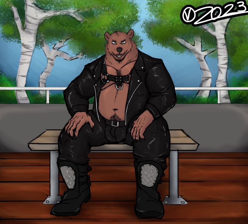 anthro bear belly belt boots claws clothing footwear grin harness hi_res jacket leather leather_clothing leather_harness leather_jacket leather_topwear male mammal manly nickhiroshi park sitting smile solo topwear