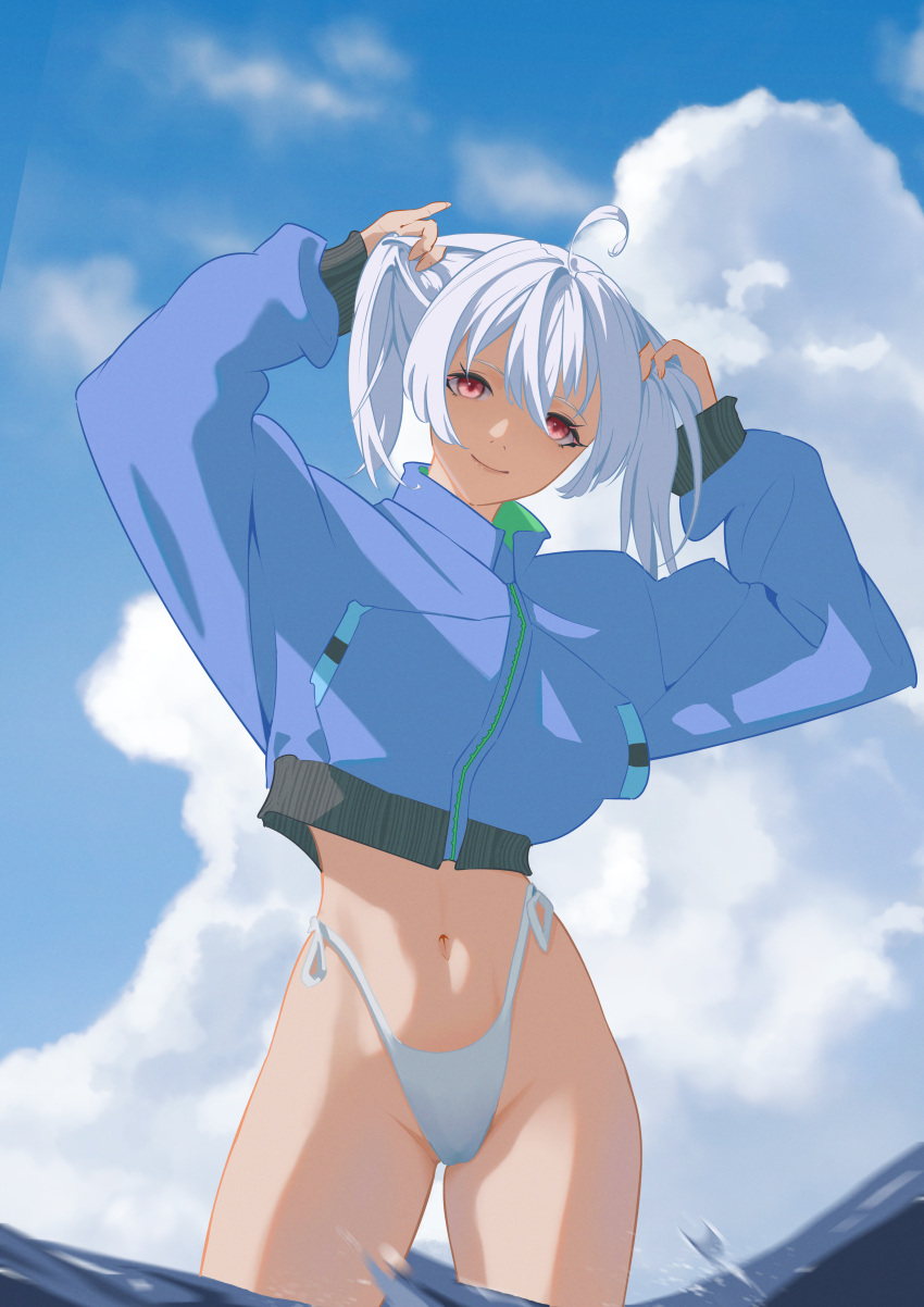 1girl absurdres ahoge bikini blue_jacket blue_sky closed_mouth cloud commentary_request cropped_jacket grey_hair head_tilt highres holding_own_hair jacket long_sleeves looking_at_viewer medium_hair navel ocean original outdoors side-tie_bikini_bottom sky smile solo standing stomach swimsuit wading water white_bikini ynnk_lc