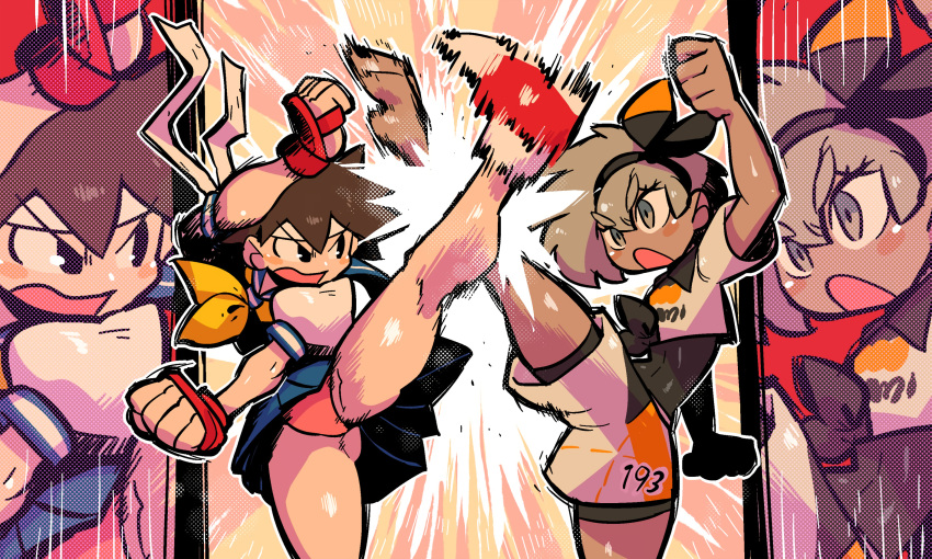 2girls ass_visible_through_thighs bea_(pokemon) bike_shorts bike_shorts_under_shorts clash crossover dark-skinned_female dark_skin headband highres kasugano_sakura kicking leg_up motion_blur multiple_girls open_mouth panties pokemon pokemon_(game) pokemon_swsh rariatto_(ganguri) short_hair short_shorts shorts street_fighter street_fighter_zero_(series) underwear