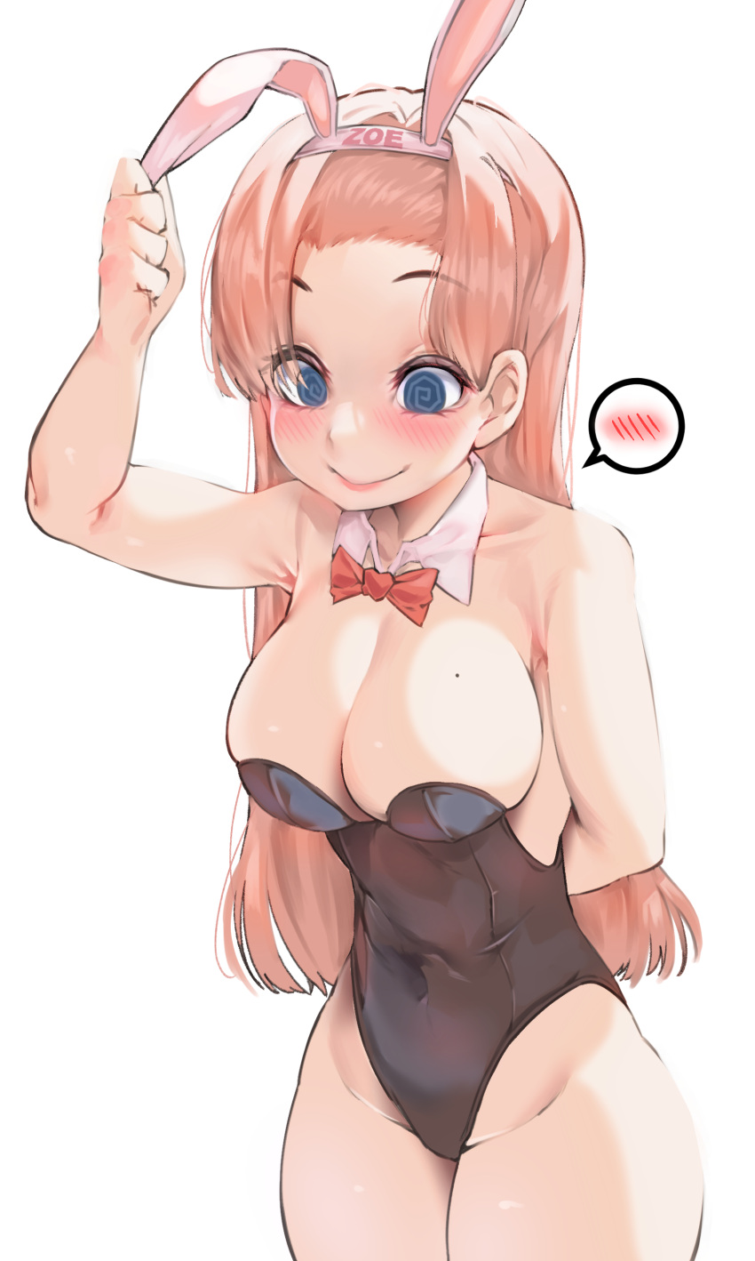 1girl @_@ absurdres animal_ears arm_behind_back armpits bow bowtie breasts detached_collar hairband highleg highleg_leotard highres holding_hairband large_breasts league_of_legends leotard long_hair mole mole_on_breast mono_(pixiv_93740696) pink_hair pink_hairband playboy_bunny rabbit_ears red_bow red_bowtie solo spoken_blush standing white_background zoe_(league_of_legends)