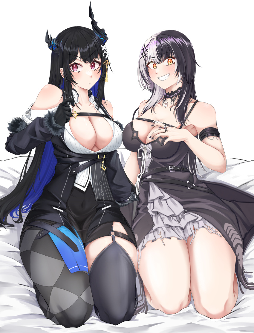 2girls :&lt; absurdres armband asymmetrical_horns asymmetrical_legwear bare_shoulders black_choker black_hair black_nails black_thighhighs blue_hair breasts chest_belt choker closed_mouth clothing_cutout colored_inner_hair crystal_horn demon_horns dress fingernails full_body gloves grey_hair grin hair_ornament hand_up highres hololive hololive_english horn_flower horns jacket jewelry lace lace-trimmed_choker lace_choker lace_trim large_breasts light_blush long_hair looking_at_viewer miniskirt mmneko mole mole_under_eye multicolored_hair multiple_girls multiple_rings nail_polish nerissa_ravencroft open_clothes open_jacket red_eyes ring seiza shiori_novella shoulder_cutout side-by-side single_leg_pantyhose single_thighhigh sitting skirt sleeveless sleeveless_dress smile split-color_hair thigh_strap thighhighs transparent_background two-tone_hair uneven_horns uneven_legwear very_long_hair virtual_youtuber wrist_cuffs yellow_eyes