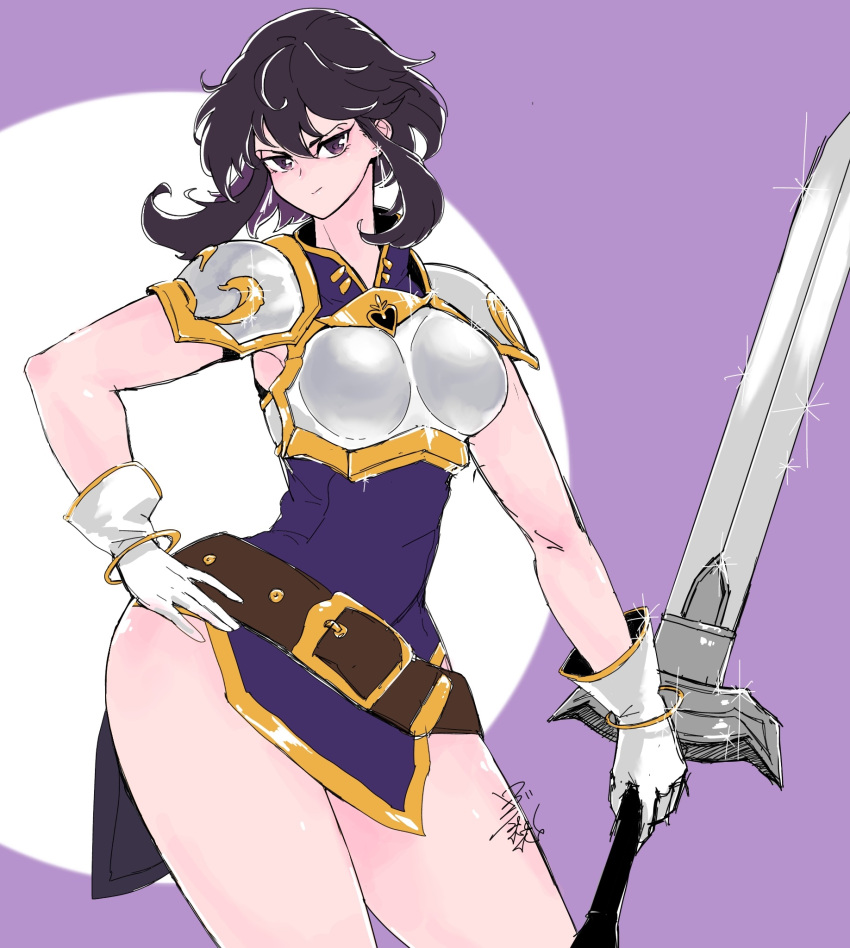 1girl armor belt black_hair breastplate dress earrings fire_emblem fire_emblem:_genealogy_of_the_holy_war gloves highres holding holding_sword holding_weapon jewelry larcei_(fire_emblem) pelvic_curtain purple_tunic short_hair shoulder_armor sidelocks simple_background solo sparkle sword ta_dasu_(tadasu_hayashi) thighs tunic weapon