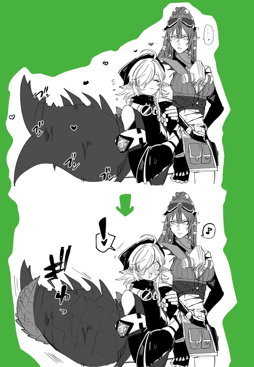 ! ... 2girls :d afterimage ahoge arknights arm_hug arrow_(symbol) ban_syou bare_shoulders blush closed_eyes closed_mouth commentary_request crocodilian_tail dreadlocks elbow_gloves fingerless_gloves flying_sweatdrops gavial_(arknights) gloves goggles goggles_around_neck goggles_on_head green_background hair_between_eyes hair_over_one_eye heart highres intertwined_tails large_tail long_hair multiple_girls nose_blush pointy_ears ponytail respirator smile spoken_ellipsis spoken_exclamation_mark surprised tail tail_wagging tomimi_(arknights) torn_clothes two-tone_background white_background