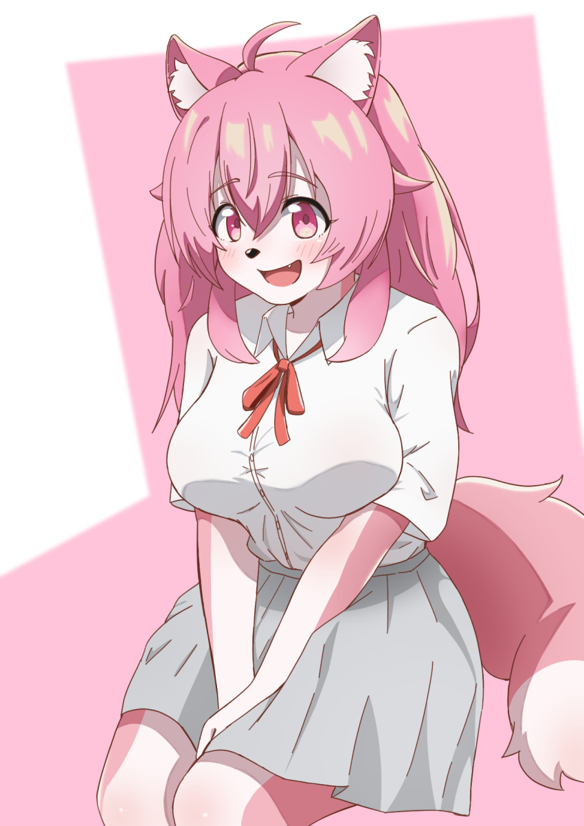 anthro big_breasts biped blush blush_lines bottomwear bow_tie breasts canid canine canis clothed clothing dipstick_tail fangs feet female fluffy fluffy_tail grey_bottomwear grey_clothing grey_skirt hair hi_res inner_ear_fluff japanese_wolf kemono legs_together looking_at_viewer mammal markings momoka_(takamura) multicolored_body open_mouth open_smile pink_body pink_eyes pink_hair pink_tail pleated_skirt school_uniform shirt sitting skirt smile solo tail tail_markings takamura teeth toes topwear tuft two_tone_body uniform white_body white_clothing white_dress_shirt white_shirt white_topwear wolf