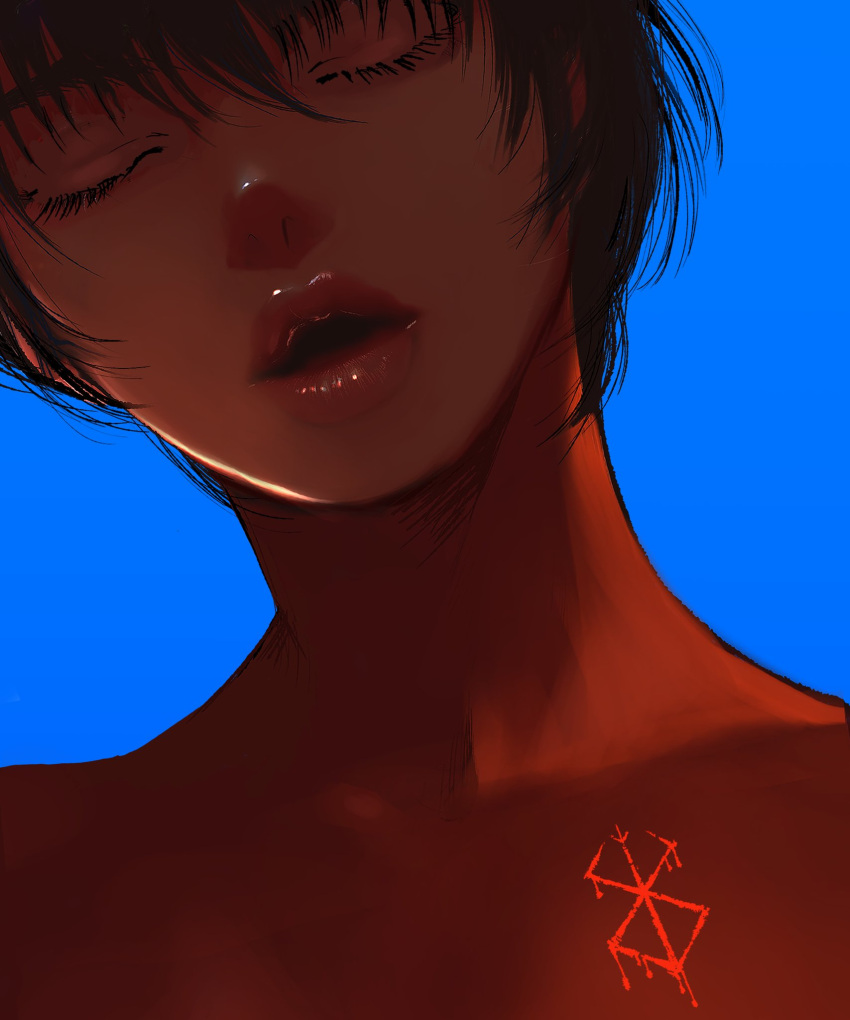 1girl backlighting berserk black_hair blue_background brand_of_sacrifice casca_(berserk) dark-skinned_female dark_skin eyelashes facing_viewer hair_between_eyes hashtag-only_commentary highres lips nisino2222 parted_lips portrait short_hair simple_background solo tattoo